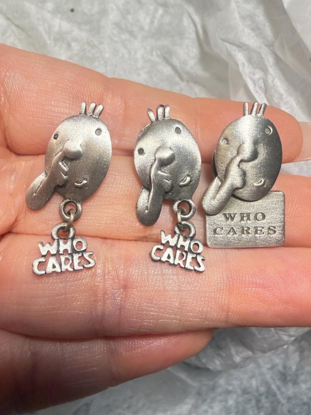 Who Cares Earrings and Pin Set J Benton Vintage Funny Scatter Pins